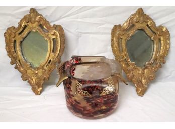 Rare Unique Murano Art Glass Vase Tortoise Shell Design & 2 Antique Italian Mirrors