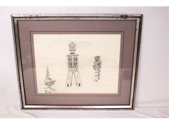 Engraving Signed By Artist Of Robot Buildings Framed