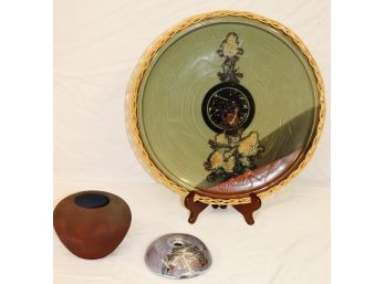 Hand Made Decorative Ceramic Plate With Raku Vase & Ceramic Bud Vase