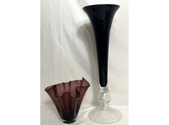 Purple Handkerchief Vase & Tall Art Glass Vase