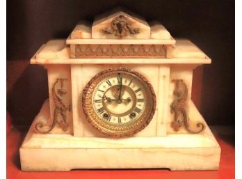 Antique Ansonia Marble Clock With Enamel Numbers & Pendulum