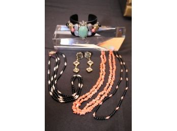 Jewelry Lot With Designer Cuff Bracelet, Coral Necklace, Onyx & Coral Necklaces & Stylish Earrings