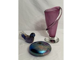 Formia Murano Art Glass Calla Lily Vase, Art Glass Oil Lamp & Murano Bird