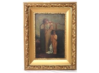 Charming Antique Oil Painting Of Little Girl Behind French Screen In Gold Frame