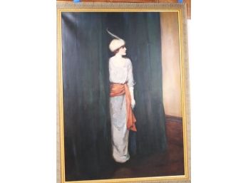 Signed Watrous! Large Oil Painting Of Elegant Society Lady Behind Curtain