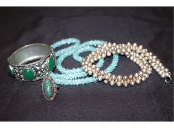 Sterling Silver Ball Necklace, Aquamarine Bead Necklace & Hinged Bracelet With Green Stones