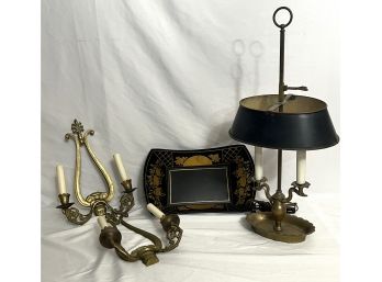 Lot Of Vintage Tole Ware With Bouillotte Lamp, Brass Sconces & Painted Bowl