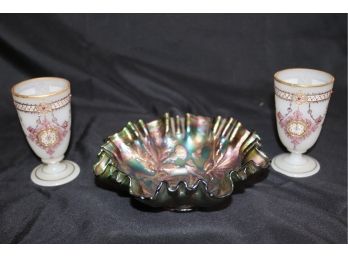 Iridescent Carnival Glass Bowl & Pair Antique Hand Painted Bristol Glass Goblets