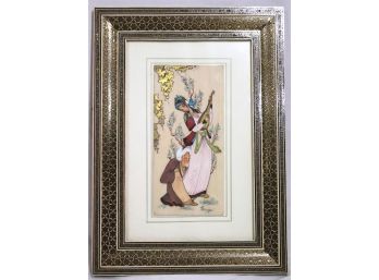 Signed Hand Painted Persian Artwork On Bone In Inlaid Wood Frame
