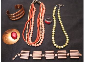 Multi Strand Two Tone Coral Necklace, 2 Copper Bracelets, Green Freshwater Pearl Necklace & Ring
