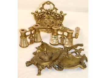 Antique Opera Glasses, Brass Inkwell, & Letter Holder
