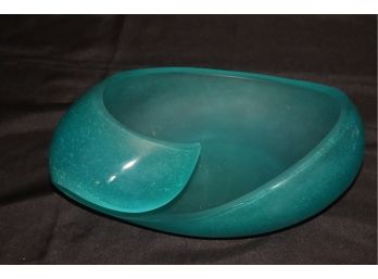 Daum France Turquoise Crystal Centerpiece/ Bowl With Acid Etched Finish & Abstract Shape