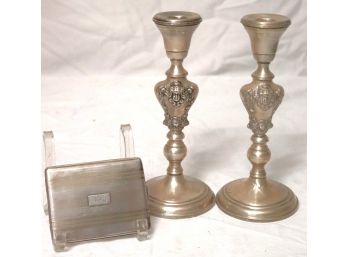Pair Antique Sterling Silver Weighted Candlesticks & Cigarette Holder