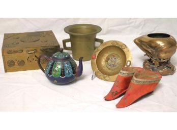Chinese Vintage Lot With Brass Box, Small Dish, Cloisonn Teapot, Binding Shoes & More