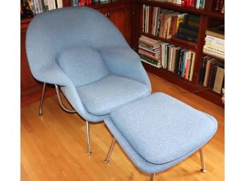 Contemporary Saarinen/Womb Chair & Ottoman Upholstered In Blue Fabric