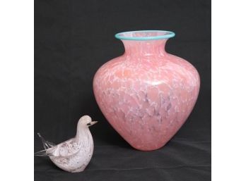 Pink Art Glass Vase Signed 1998 & Murano Glass Bird
