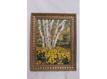 Vintage Painting Of White Birch Trees In Gold Frame