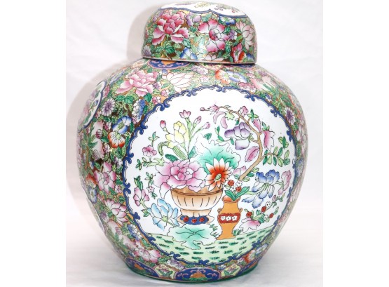 Beautiful Large Decorative Ginger Jar With Painted Flowers