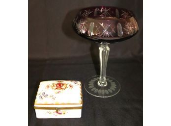 Hand Painted Porcelain Box & Tall Cut To Clear Purple Etched Glass Candy Dish