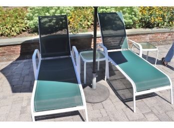 Pair Of Hampton Bay Lounge Chairs, 2 Side Tables & Pool Side Umbrella
