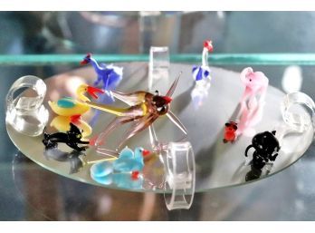 Vintage Miniature Hand-Blown Tiny Glass Figurines On Mirrored Tray