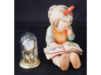 Hummel Figurine Of Little Girl Reading & Mini Anniversary Clock