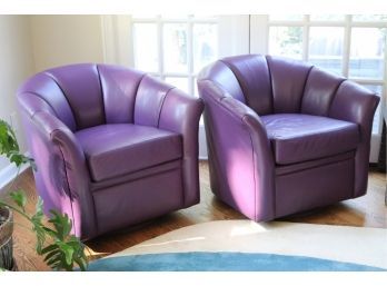 Pair Of Fun & Funky Purple Leather Swivel Barrel Chairs With Channel Design
