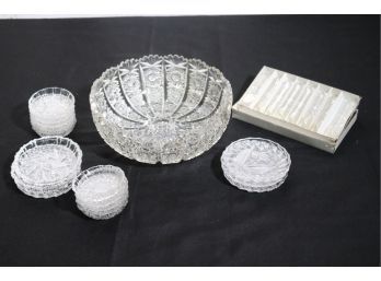Intricately Carved Cut Crystal Bowl & Small Serving Dishes & Salts