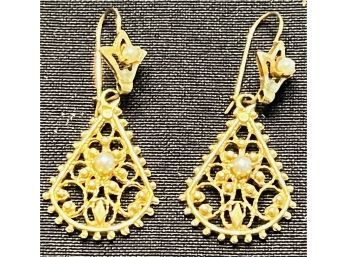 14K YG PRETTY PAIR OF EARRINGS WITH SEED PEARL ACCENTS