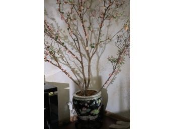 Fabulous Silk Cherry Tree Branches In Asian Porcelain Planter On Stand