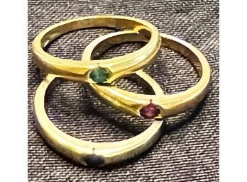 14K WG, YG, RG, SET OF 3 RINGS WITH SMALL EMERALD, SAPPHIRE, RUBY CENTER STONES