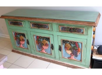 Charming Painted Wood Buffet Cabinet With Carved Fruit Basket Design