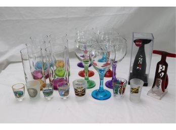 Lot Of Colorful Glassware, Souvenir Shot Glasses & More