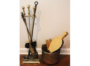 Brass Fireplace Tools With Copper Kettle & Carved Wood Bellows