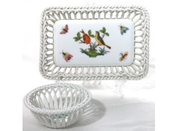 Two Pieces Of Herend Porcelain With Rosenthal Birds & Basketweave Edge