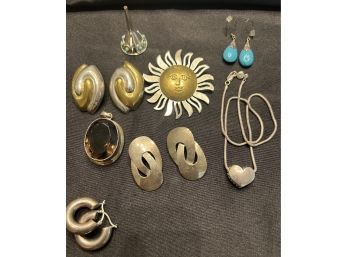 LOT OF ASSORTED STERLING EARRINGS, PINS, FUNNEL AND HEART NECKLACE