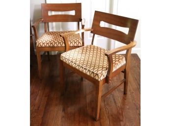 Pair MCM Armchairs With Cut Out Wood Back & Cushioned Seat