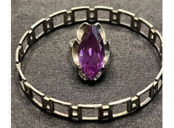STERLING SILVER MARQUISE CUT AMETHYST RING - SIZE 6 AND STERLING SILVER OPEN DESIGN BANGLE BRACELET