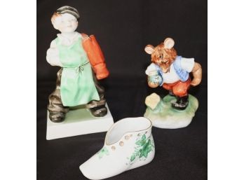 Lot With 2 Herend Porcelain Figurines & Baby Bootie