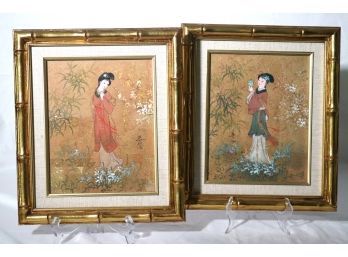 Two Very Pretty Paintings Of Asian Ladies In Gilt Bamboo Frames Signed By The Artist