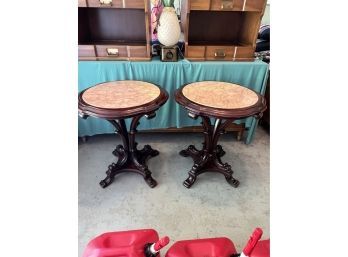 Pair Of 1950s Mahogany Side Tables With Peach Colored Marble Tops