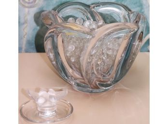 Small Lalique Ring Holder With Birds & French Crystal Bowl