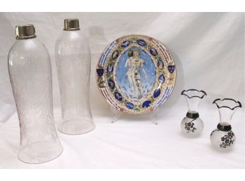 Pr. Victorian Etched Glass Shades, Limoges Astrological Plate & More