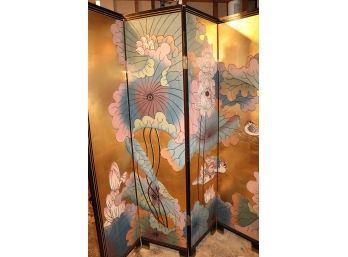 Vintage 6 Panel Double Sided Asian Floor Screen With Lotus Flowers & Gold Leaf Background