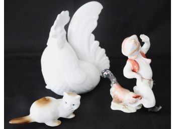 Three Vintage Hungarian Porcelain Figurines With Rooster, Cat & Boy With Rooster