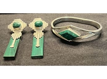 STERLING SILVER BRACELET AND DANGLING EARRINGS WITH MALACHITE - MEXICO