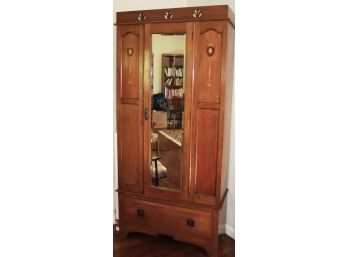 Antique Art Nouveau Wood Armoire Inlaid With Mother Of Pearl & Beveled Mirror Door