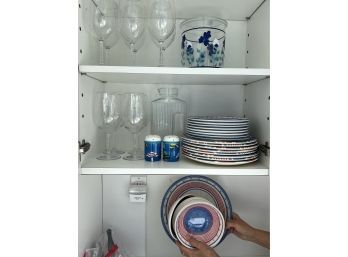 Lot Of Melamine Plates, 10 Plastic Wineglasses, Ice Bucket, Pitcher & More