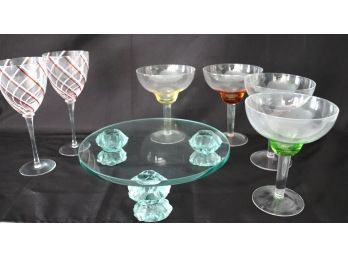 Lot Includes Footed Glass Tray & Colorful Glassware