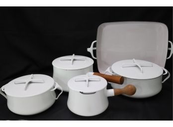 Vintage White Dansk Enamel Cookware 9 Pieces With Wooden Handles